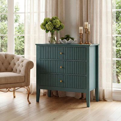 32" Wide Fluted Nightstand with Charging Station, 3-Drawer Bedside Table with Power Switch and Raised Legs