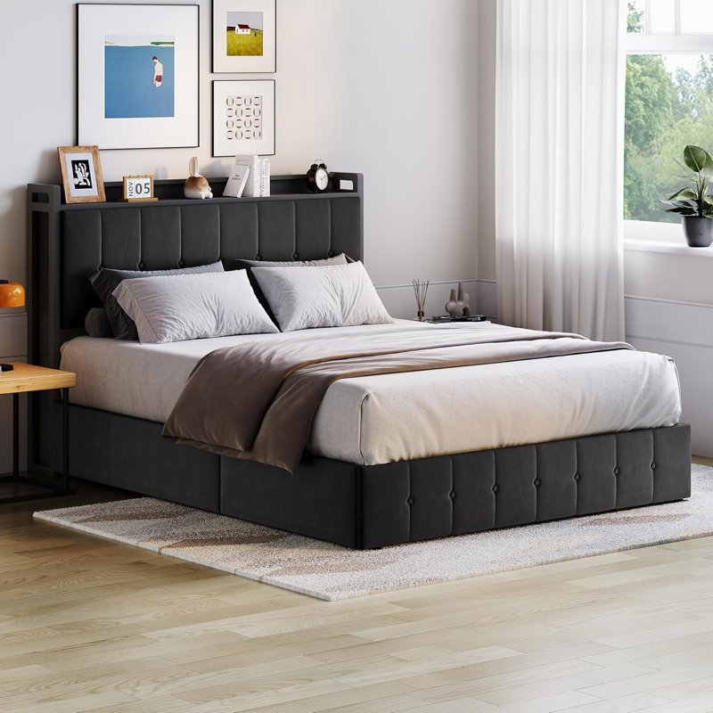 Queen Bed Frame with Lift Up Storage, Upholstered Velvet Bed with Storage Headboard, Black, Queen
