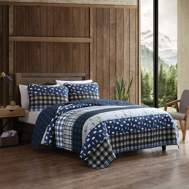 Eddie Bauer Blue Creek Plaid Cotton Reversible Quilt Set, King Quilt + 2 Shams