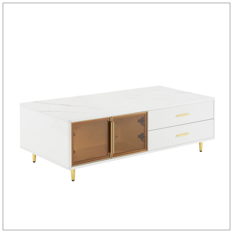 Modern White Coffee Table With 2 Glass Door Storage, 4 Drawers, Gold Metal Legs, And Multi-Color Lighting In 47.2'', White