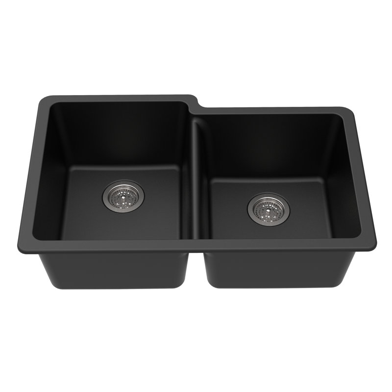 Granite 33" L x 21" W Double Bowl Undermount Kitchen Sink, Black