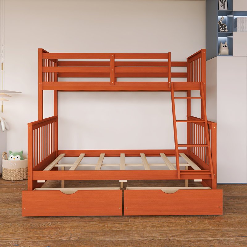 Lit superposé simple sur double avec structure en bois avec échelles et deux tiroirs de rangement, Noyer