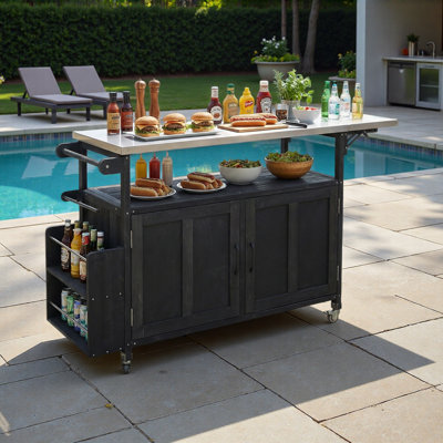Îlot de cuisine extérieur pliable avec chariot de cuisine mobile avec roues verrouillables, armoire de rangement et porte-serviettes pour l'extérieur