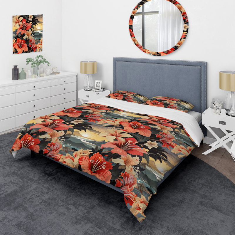 Literie Tropical Sunset Botanical Pattern, Housse de couette pour grand lit et 2 taies décor