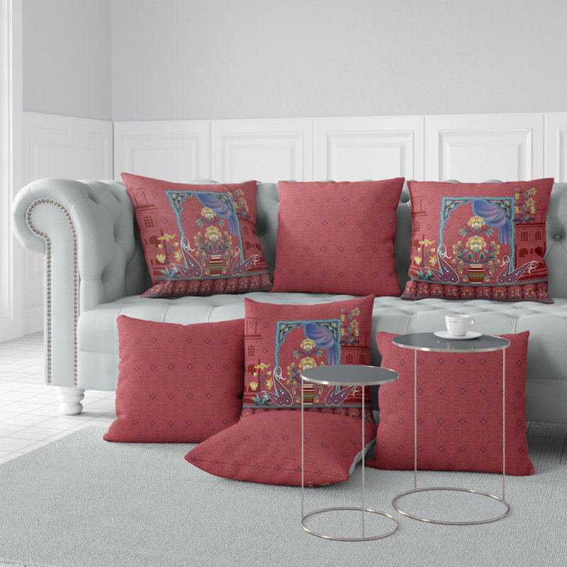 Housse et insert de coussin intérieur / extérieur en polyester Mughal Paradise, 26 po x 26 po, Rouge