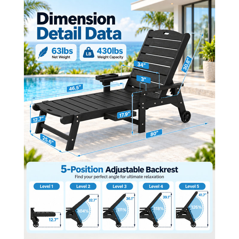 Chaise longue d'extérieur de 80 pouces, résistante aux intempéries, en silicone HIPS, avec porte-gobelet et accoudoirs, idéale pour la plage, la piscine ou la terrasse. Couleur : noir.
