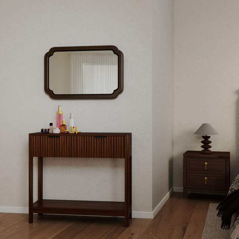 Console Mid-Century moderne cannelée avec 2 tiroirs et tablette ouverte, table d'entrée étroite à finition noyer, table de canapé mince pour le couloir, salon, petits espaces, assemblage facile