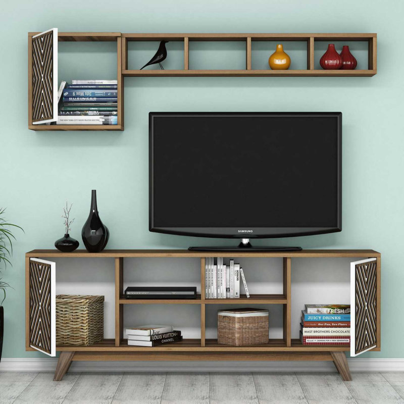 Meuble télé moderne avec tablette murale et armoire, noyer et blanc, 63,0 x 22,1 x 13,8 pouces | 100% panneau de particules enduit de mélamine, épaisseur: 0,7 pouce | Nombreuses tablettes murales au design géométrique élégant