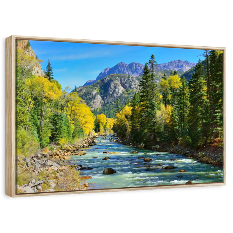 Montagne avec rivière, Cadre flottant en bois naturel, 13 po x 9 po