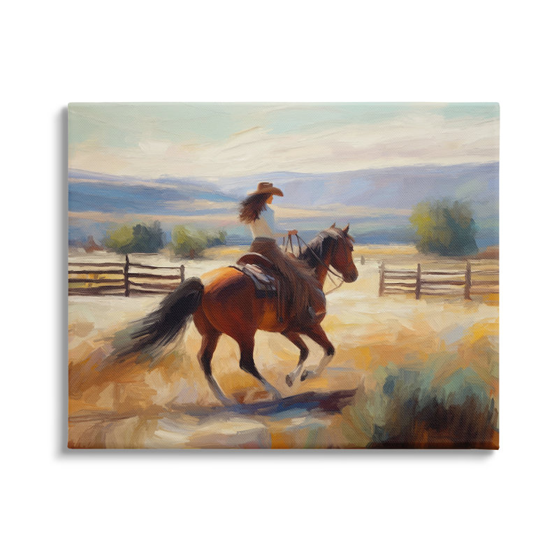 «Galloper Cowgirl Landscape» par Ramona Murdock, reproduction d'art sur toile, H 24 po x l 30 po x P 1,5 po
