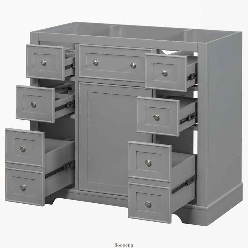 Base de meuble-lavabo sur pied 36 po seulement, armoire en bois massif et panneau de fibres à densité moyenne avec 1 compartiment d'armoire et 6 tiroirs, gris