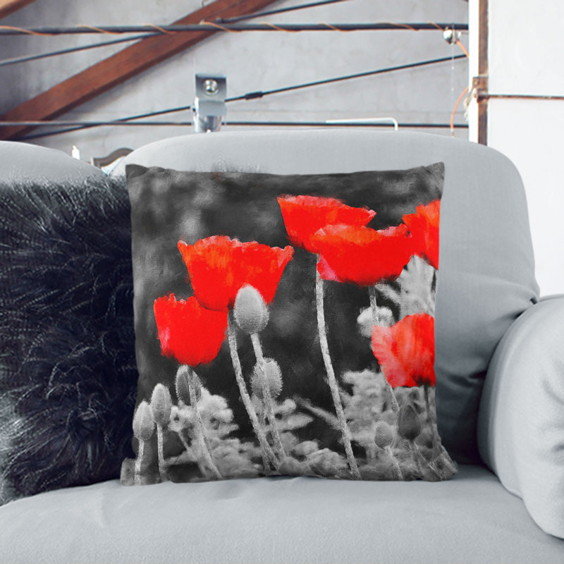 Poppy Field Painting Cushion with Filling, Black, 55cm H x 55cm W x 20cm D
