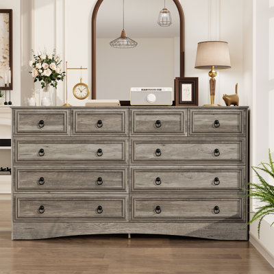 55 Inch Dresser For Bedroom, 10 Drawer Dresser With Large Drawers, Mid Century Modern Wide Wood Chest For Living Room, Hallway, Brownish Grey Color