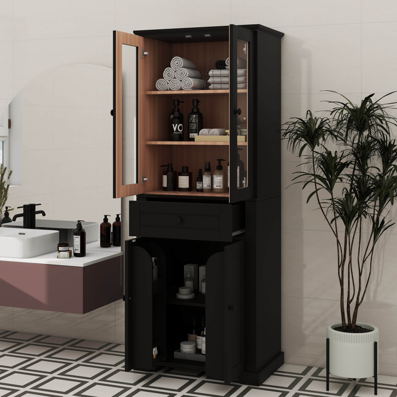 Unité de rangement de salle de bain élégante de 67,2 pouces avec portes réglables en verre et tablettes, Noir