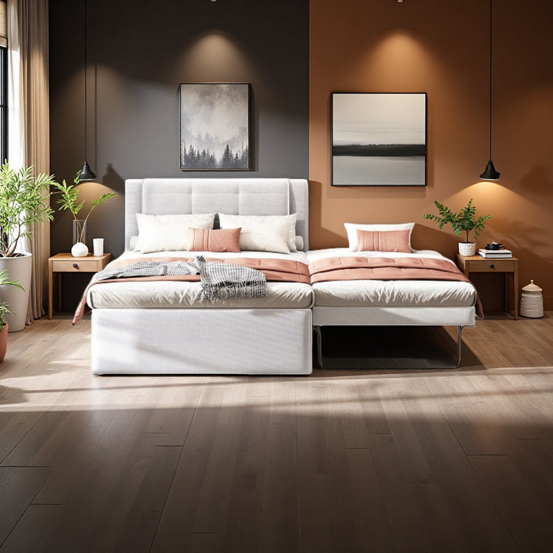 Lit plateforme double tapissier, Beige