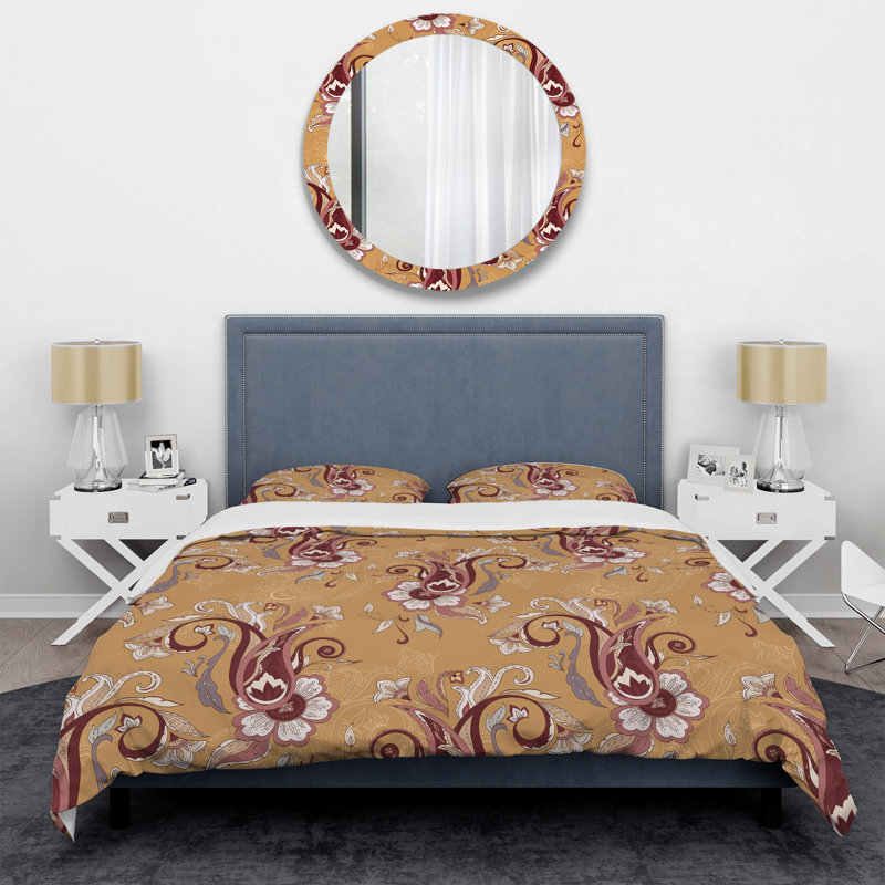 Ensemble de housse de couette à motif floral cachemire brun - Polyester microfibre