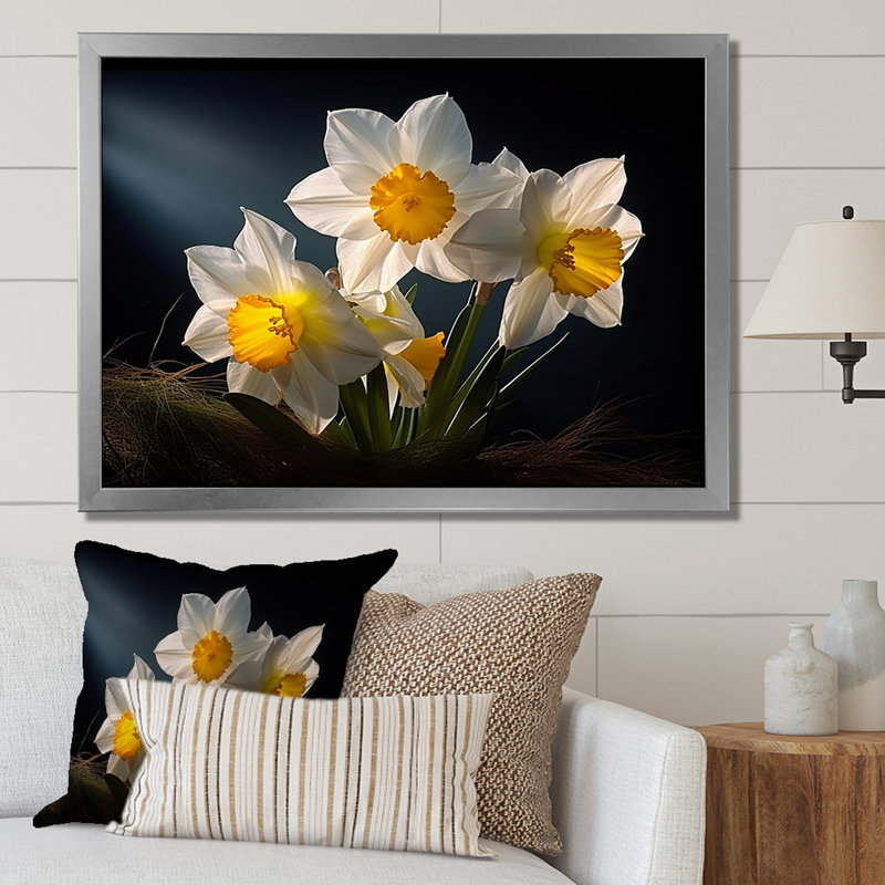 " White And Yellow Daffodils Flower ", Silver Single Picture Framed, 24" H x 32" W x 1" D