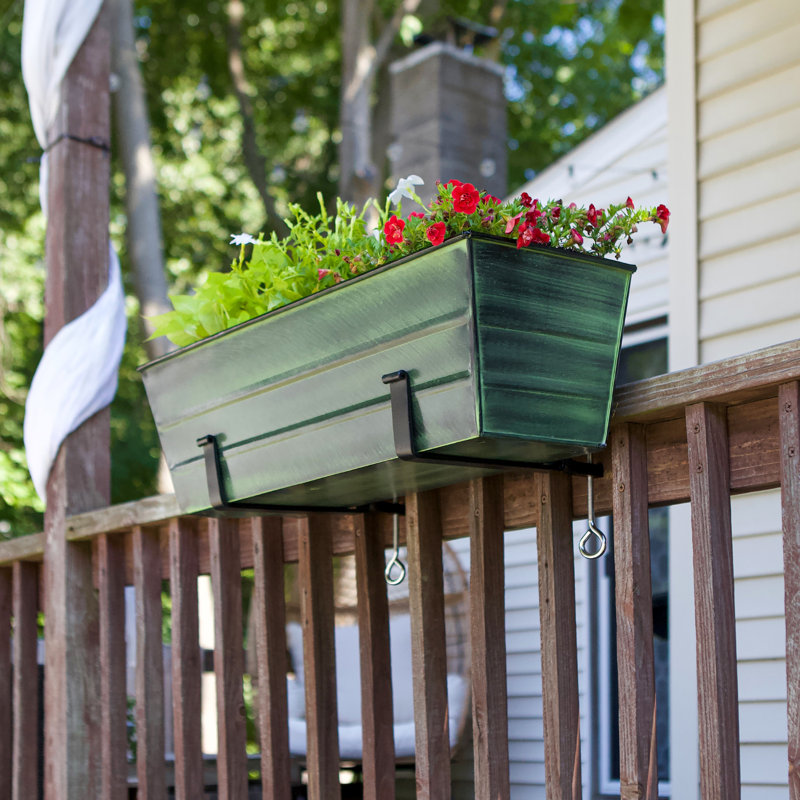 Medium Green Galvanized Steel Flower Box with Black Brackets