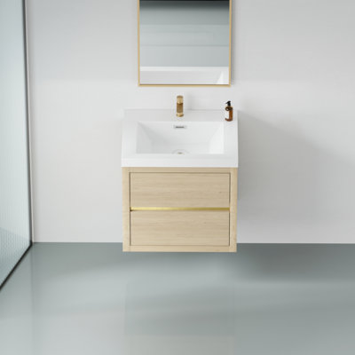 Meuble-lavabo mural 24 po avec lavabo, meuble de rangement flottant pour salle de bain avec comptoir en résine de pierre et tiroirs à fermeture en douceur
