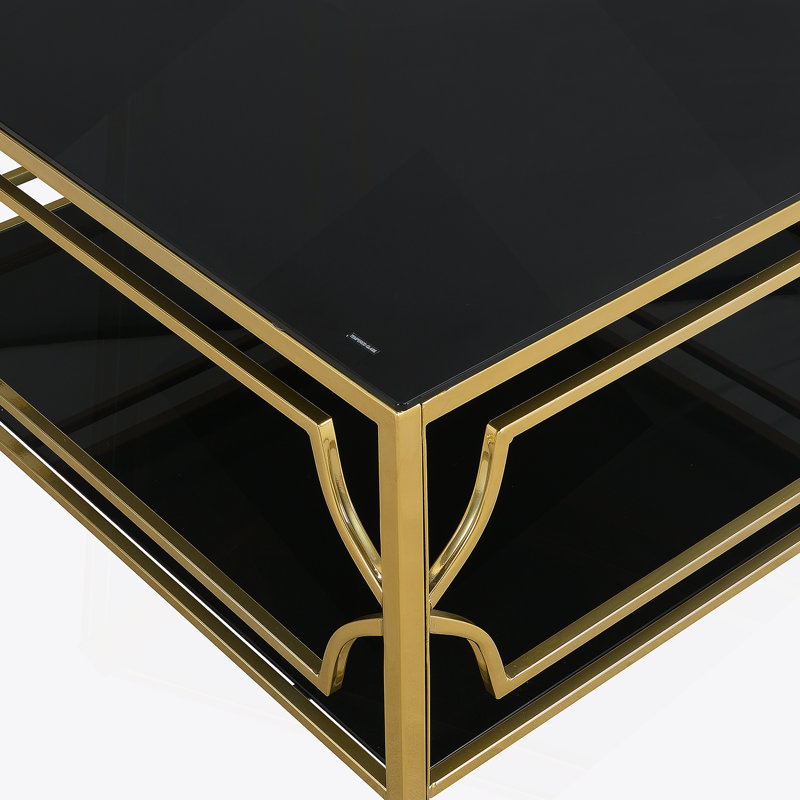 Table basse carrée en verre de 33,5 po, cadre géométrique luxueux, finition dorée et tablette inférieure