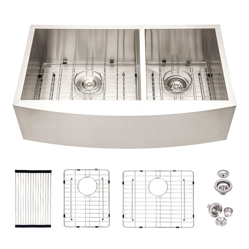Double Bowl Farmhouse Sink- 33"X20" Stainless Steel Farm Sink Undermount Apron Front Double Bowl Kitchen Sink 16 Gauge With Two 9" Deep Basin