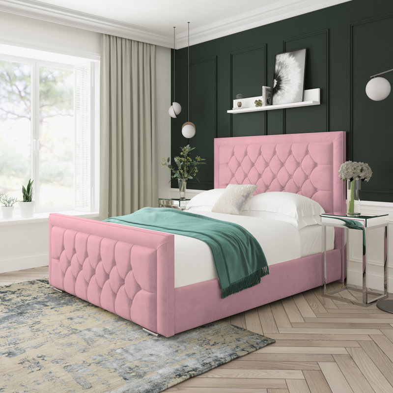Maple Plush Velvet Upholstered Ottoman Bed Frame, Super King (6'), Pink