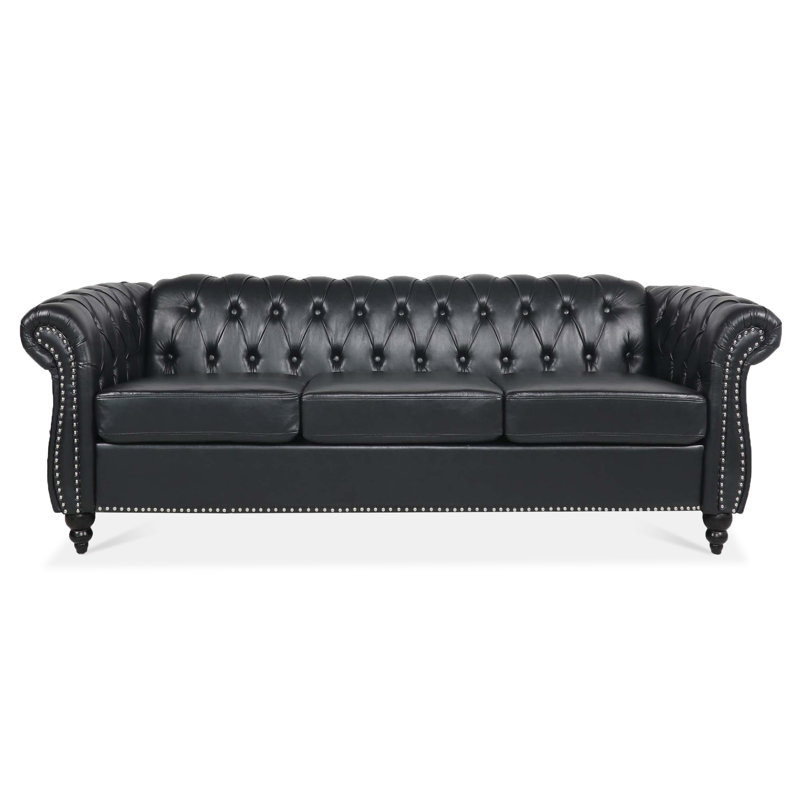 84.65" BLACK PU Rolled Arm Chesterfield Three Seater Sofa.