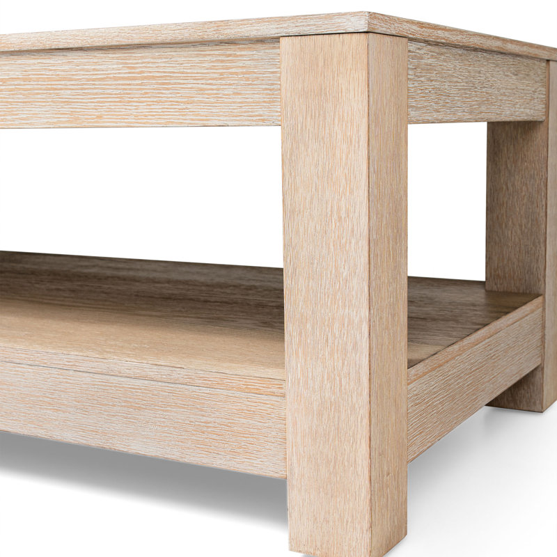 Weathered White Rectangular Wooden Coffee Table with Storage Shelf
