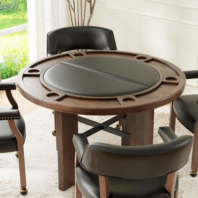 Surface de jeu et de salle à manger ronde avec insert en similicuir, plateau à copeaux, patins de sol, finition noyer rustique, support de pieds de style scandinave en cuir noir 2 en 1, 6 porte-gobelets, recouvert de feutre