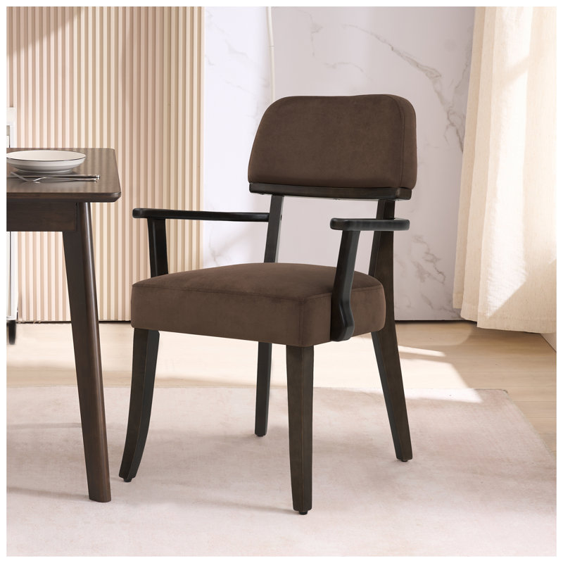 Modern Upholstered Solid Wood Dining Chair With Arms, Brown Velvet