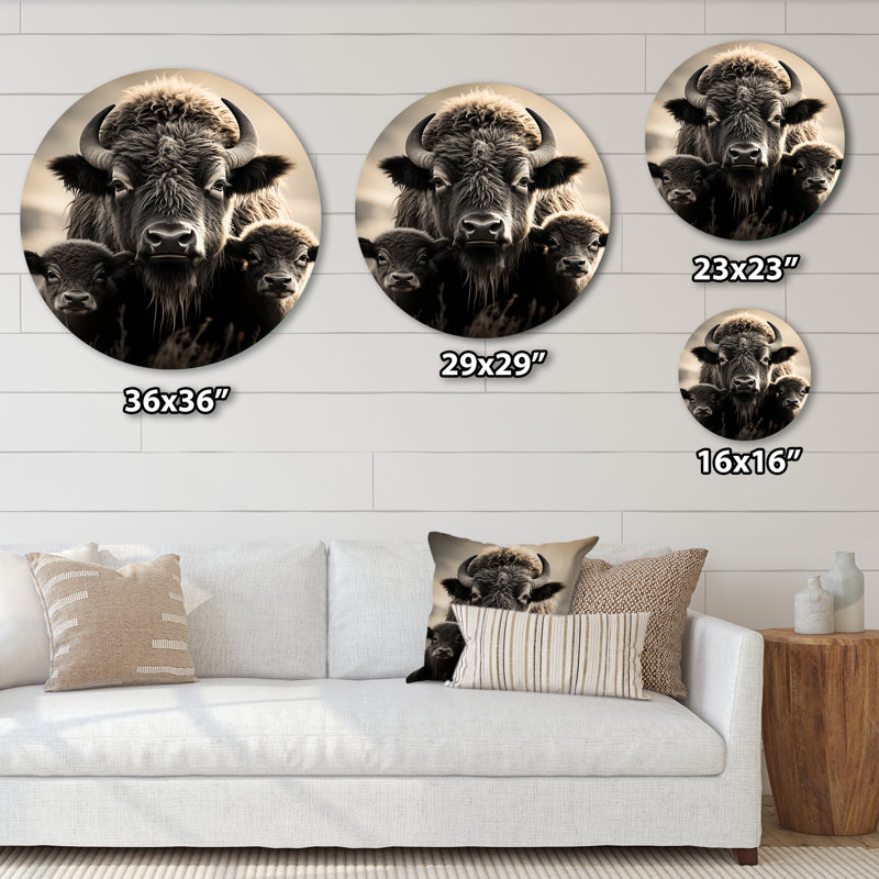 Bison Bison Family Bond - animaux, art en métal rond, H 16 po x l 16 po x P 1 po