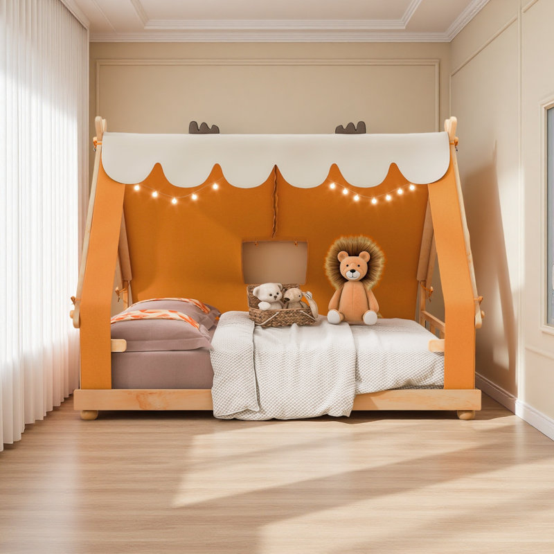Lit maison avec tente et lumière, Lit double, Brun