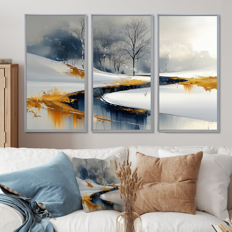 «Gold Frosted Morning I», ensemble d'art mural de Noël, Toile argentée avec cadre flottant, H 40 po x l 60 po x P 1 po