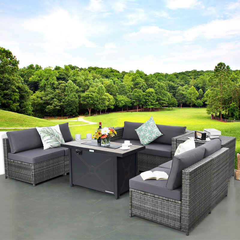Ensemble de conversation modulaire en rotin 9 pièces avec coussins Amrooti, Gris