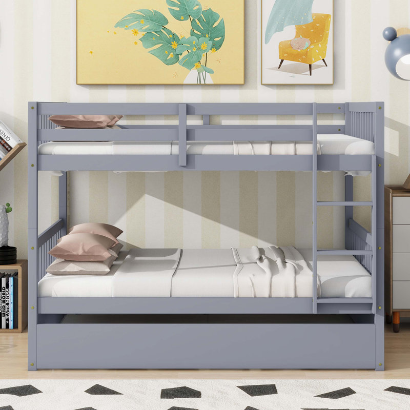 Espresso Rubber Wood Full-Over-Full Bunk Bed With Trundle, Ladder, And Guardrails – Convertible To Two Full Beds, Espresso