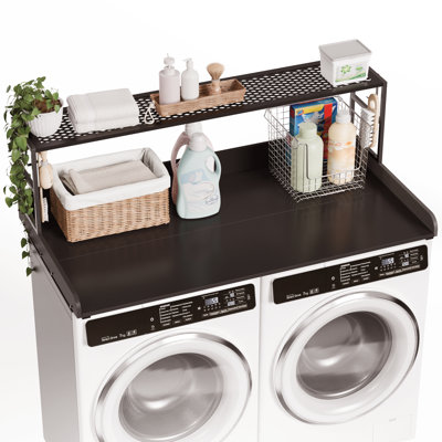 Washer Dryer Countertop with Storage Shelf, 54" Wide Wood Laundry Countertop with Edge Rails, Black