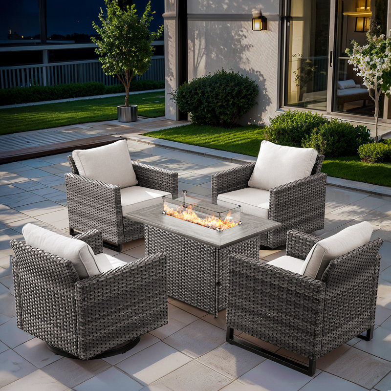 Ensemble de conversation d'extérieur 5 pièces avec foyer 41 po Kreda avec fauteuil pivotant et coussins, Gris, Beige