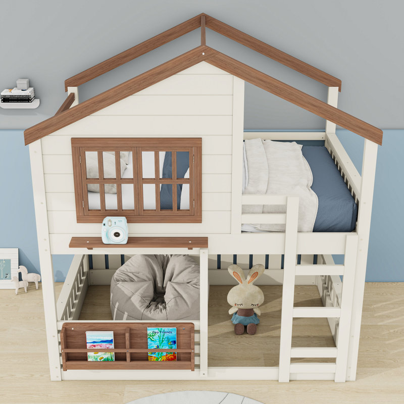Lit superposé en bois avec bibliothèque, Beige / Naturel, Double