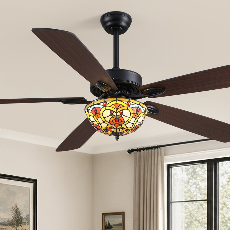 Ventilateur de plafond noir traditionnel de 65 pouces avec abat-jour Tiffany, rotation réversible et télécommande pour chambre et salon