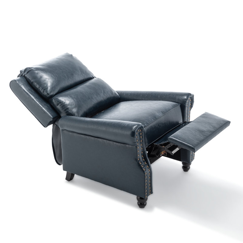 Ameiah Upholstered Navy Blue Faux Leather Manual Push Back Recliner Chair with Wingback, Navy Faux Leather