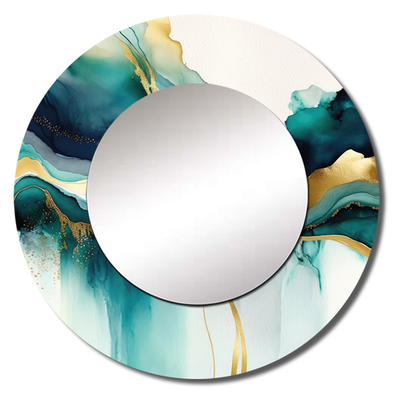 «Quention» sarcelle et or abstrait Expression I - miroir décoratif à encre liquide, miroir mural rond moderne, impression d'art en métal