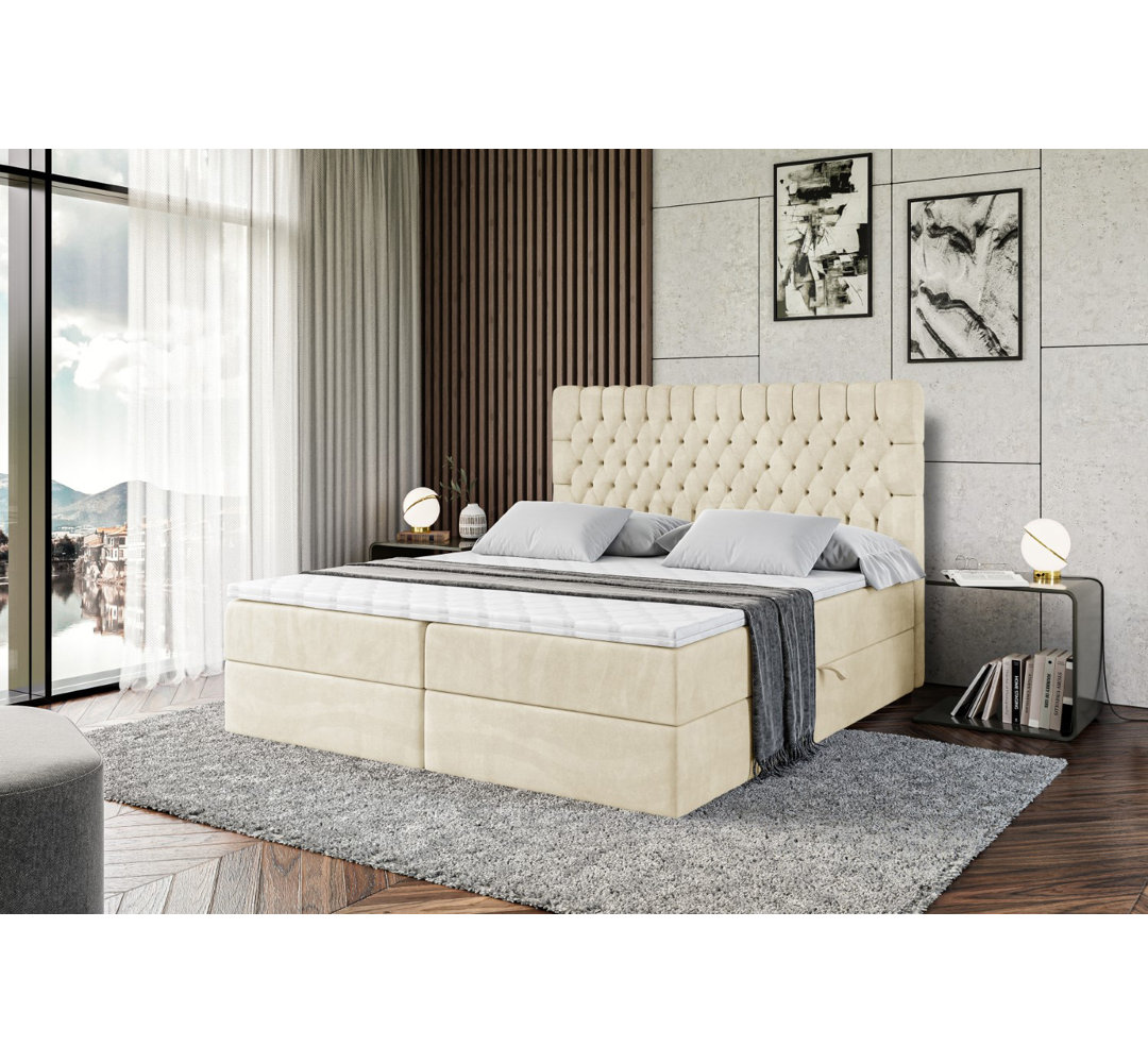 Boxspringbett Ahmik mit H4 Multipocket-Matratze, Bettkasten und Topper