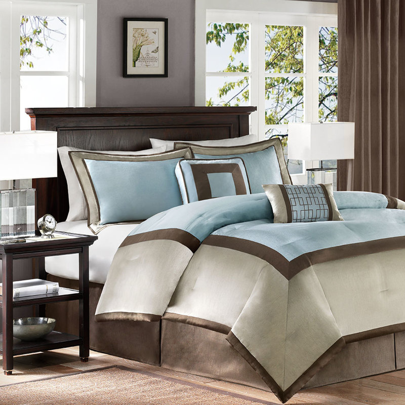 Édredon 7 pièces pour très grand lit - bleu avec détails complexes et literie vapeur pour coussins décoratifs Lavable à la machine