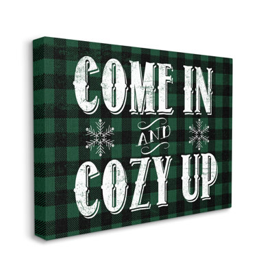 "Come In Cozy Up", flocons de neige à carreaux verts, art mural sur toile tendue XXL par Daphne Polselli