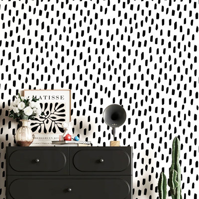  Black Peel and Stick Wallpaper Modern Dots Wall Paper Removable for Bathroom Black/White Contact Paper 17.3in x 32.8ft