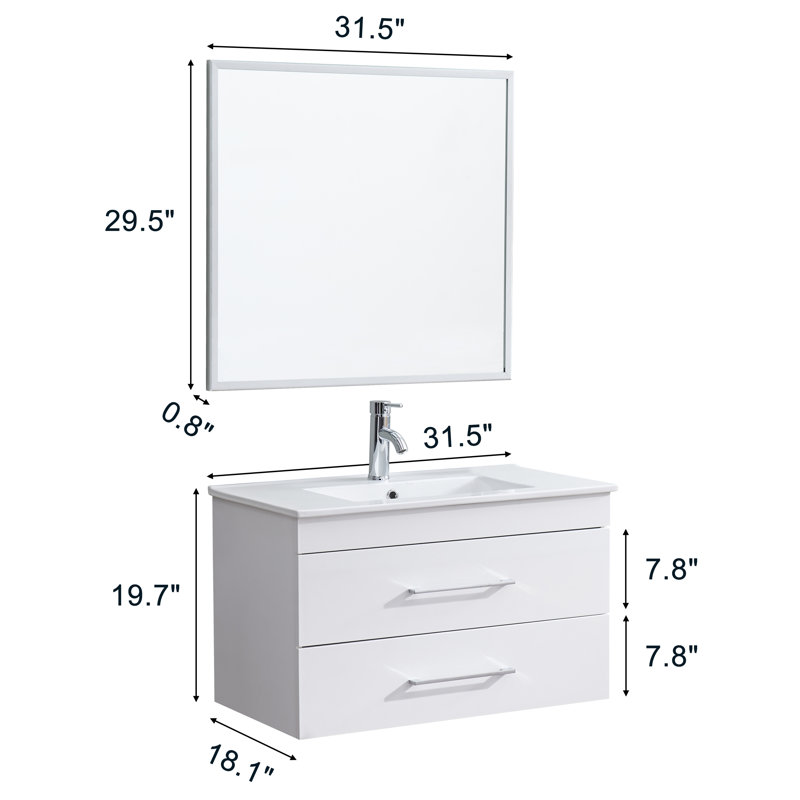 32-Inch Gloss Wall-Mounted Bathroom Vanity with Double Drawers, Ceramic Sink, and Mirror Frame, White