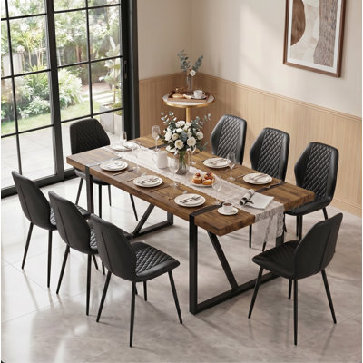 9-Piece Mid Century Modern Industrial Rectangular Wood Dining Set with Faux Leather Chairs
