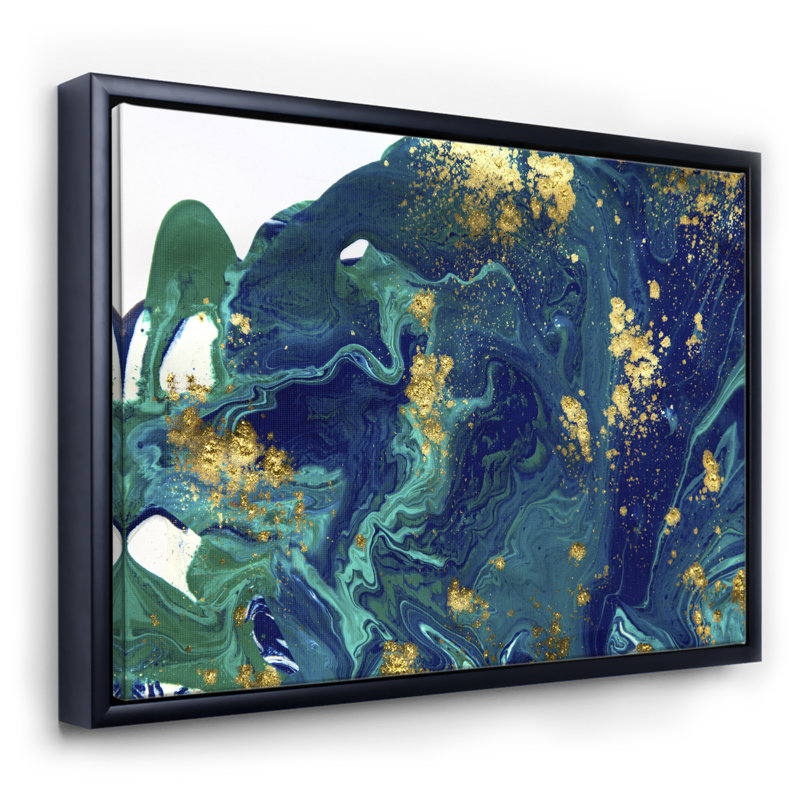 Marbre doré Olin sur univers bleu foncé - reproduction d'art sur toile, H 24 po x l 32 po x P 1 po, Toile avec cadre noir