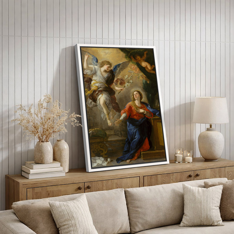 Illustration de l'Annonce avec ange et Madone, images de scène sacrée baroque, impression sur toile encadrée