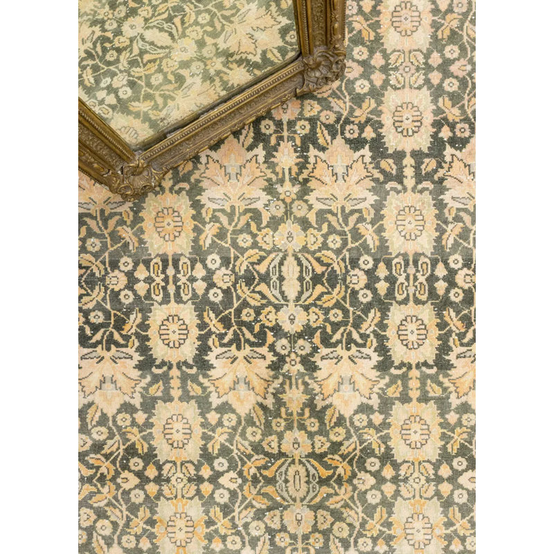 Tapis vert en laine rétro unique de style années 1980 de 3 pi 9 po x 5 pi 7 po